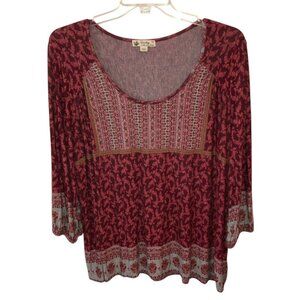 Unity Womens 2X Burgunday Printed 3/4 Sleeve Round Neck Tunic Top Shirt Blouse